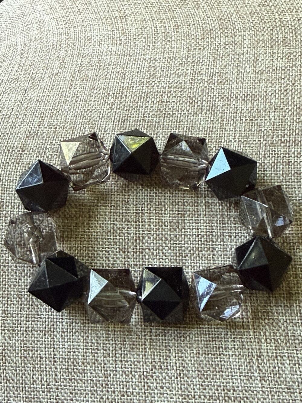 Vintage Lucite Geometric Stretch Bracelet Black Clear Beaded 80s 90s Y2K